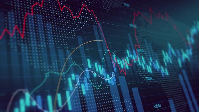 Financial business investment concept, line and candle chart stock trading display show data analysis indicator index, digital forecast movement in the future