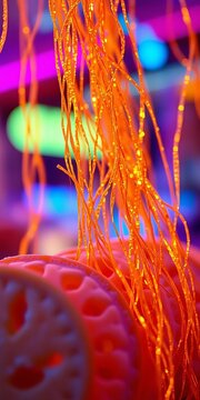 Golden threads of fried dough, sliced and artfully arranged, shimmer under electric blues and pinks,  artisanal,  neon lights