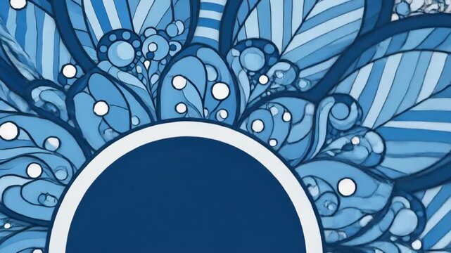 Abstract Blue Floral Pattern with Central Circle and Intricate Details.