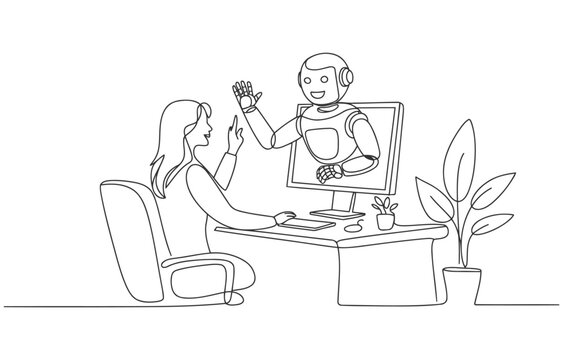 Woman interacting with a robot assistant on a computer screen artificial intelligence line art digital assistant home office computer interaction technology assistance communication dialogue