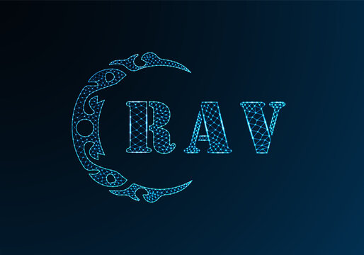 Low poly letter logo RAV design. RAV letter logo low poly vector design on blue color gradient background. RAV logo low poly design