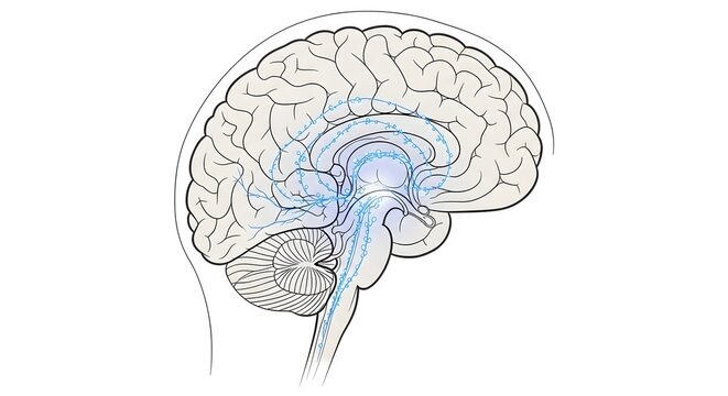 Diagram illustrating the human brain's anatomy and neural pathways, highlighting the cerebellum and brainstem