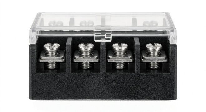 Macro product photograph of a single-phase solid state relay (SSR). Matte black flame-retardant housing with four silver-toned screw terminals protected by a clear polycarbonate cover. Isolated flat-l