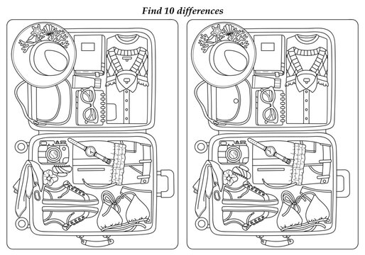 Travel suitcase find differences coloring page