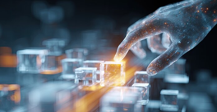 Glowing hand manipulates luminous digital cubes in futuristic interface