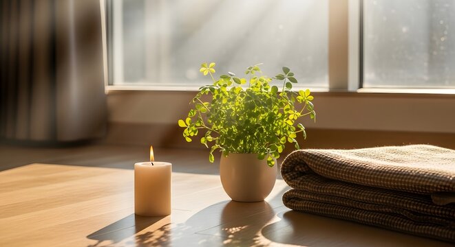 Soft morning sunlight bathes a cozy home interior, highlighting a lit candle, a vibrant green plant, and a warm blanket, creating an atmosphere of peace and relaxation