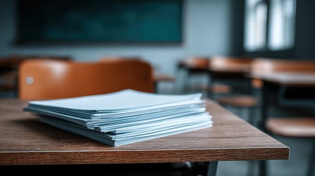 Exam Papers on Desk: Close-up of exam papers neatly stacked on a wooden desk in a classroom setting, offering a glimpse into the academic environment.