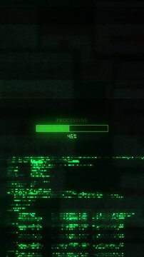 Digital Data Transfer Progress Bar Green Matrix Glitch digital artifacts and scrolling code. data processing, system updates, retro style computer hacking visuals. hacking, ransomware, cyber warfare