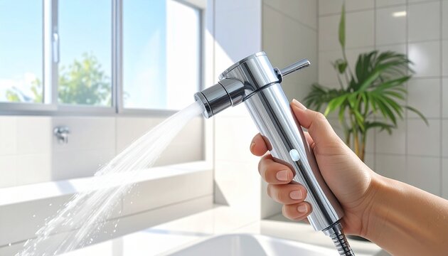 Close-up of chrome handheld bidet sprayer with water flowing in modern bathroom, white tiled walls, toilet, and natural light from large window, symbolizing hygiene, sanitation, and contemporary conve