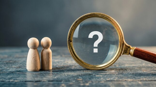 Unraveling Mystery: A magnifying glass hovers over a pair of wooden figures, next to a bold question mark, inviting the viewer to contemplate the unknown and seek answers.