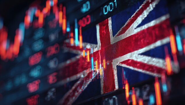 UK flag superimposed on financial market trading charts