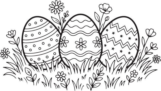  Easter eggs with floral decorations in the grass coloring page