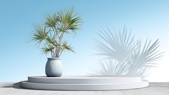 Light gray cylindrical pedestal displays a potted tropical plant against a bright blue sky background
