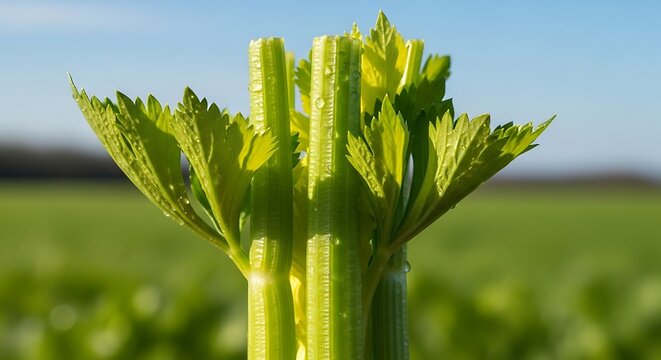 Fresh Green Celery Stalk with Leaves and Water Drops