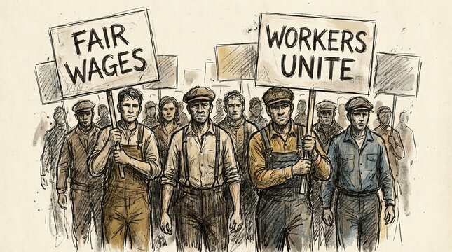 Vintage-style illustration of workers marching with Fair Wages and Workers Unite signs, symbolizing labor rights, solidarity, and collective action on Labor Day.