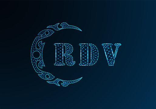 Low poly letter logo RDV design. RDV letter logo low poly vector design on blue color gradient background. RDV logo low poly design