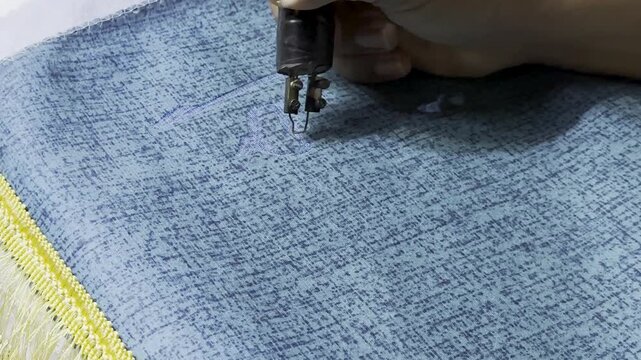 A skilled artisan uses a wood-burning tool to engrave intricate Arabic calligraphy onto a blue prayer mat with yellow fringe. A unique blend of traditional craftsmanship and textile art.