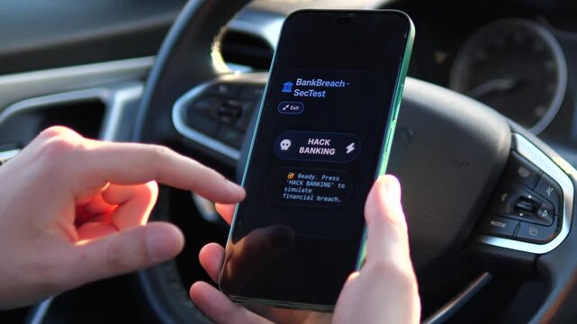 Cinematic shot of a hacker simulation app on a mobile device. Person interacts with a banking breach interface in a car. Perfect for security software ads, hacking risk tutorials, and corporate data