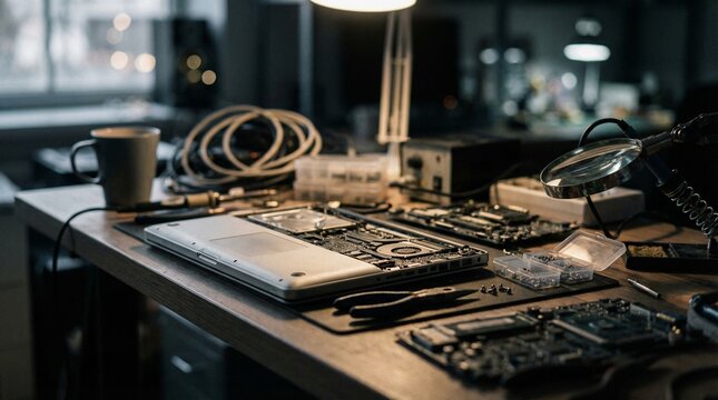 Laptop, repair and work desk with components for electronic maintenance or fix in workshop. Empty, computer or IT engineering with equipment for problem solving, troubleshooting or circuit testing