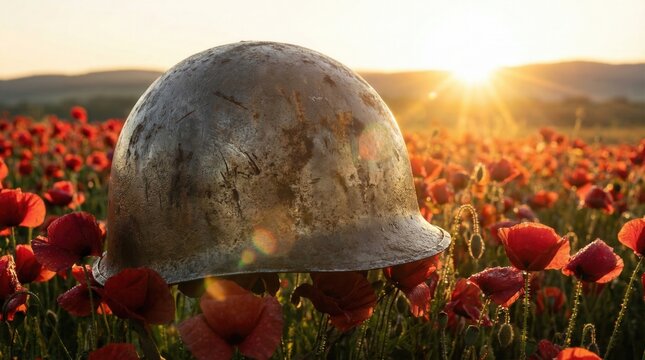 Weathered soldiers helmet resting among vibrant red poppies at sunrise on May 8th, symbolizing remembrance and peace in a serene countryside landscape