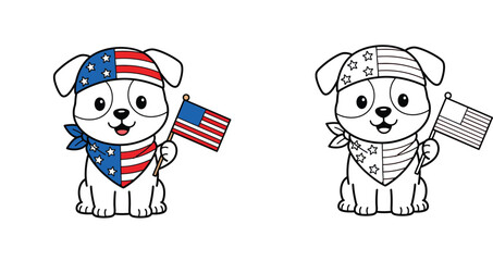Cute Patriotic Puppy Dog with American Flag and Bandanas for 4th of July Independence Day, Cartoon Animal Vector and Coloring Page Illustration. © MdAbdul