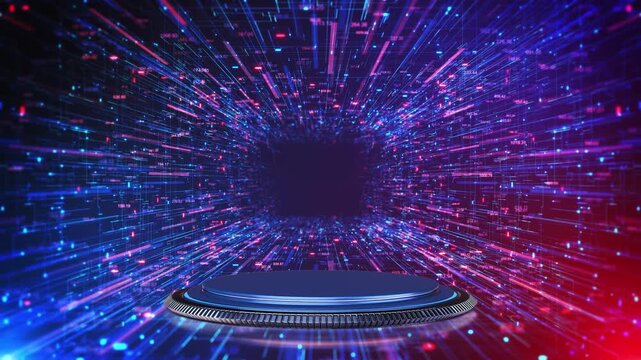 Futuristic Data Tunnel Platform digital lines streaming futuristic tunnel circular podium cyberspace environment. for product showcases, tech presentations, virtual stage visuals, or innovation 3D