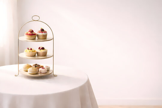 Bright afternoon tea stand with sweets and soft copy space clean background | 明るいアフタヌーンティーとスイーツのクリーン背景 横長バナー（生成AI）