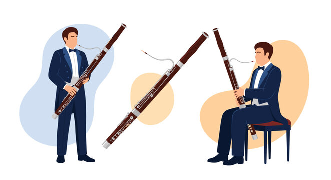 Male bassoonists in formal tuxedos perform with the double reed instrument alongside detailed illustrations of the bassoon.