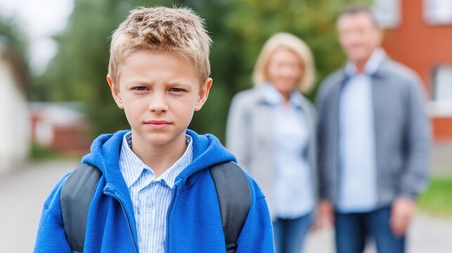 Unwavering Youth: A young boy, burdened with a backpack, stands resolute in front of his elders. Capturing the trials and tribulations of childhood