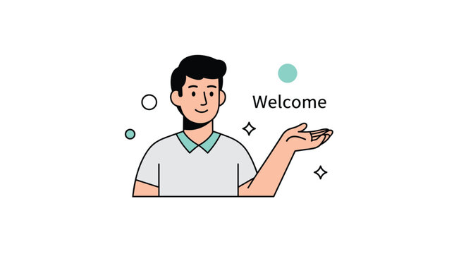 Cheerful man in a grey polo shirt with mint collar gestures towards a welcome sign surrounded by abstract shapes.