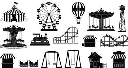 Amusement park icons, ferris wheel, roller coaster, circus tent, carousel rides, observation tower, hot air balloon, train engine, fairground silhouettes © BORNA