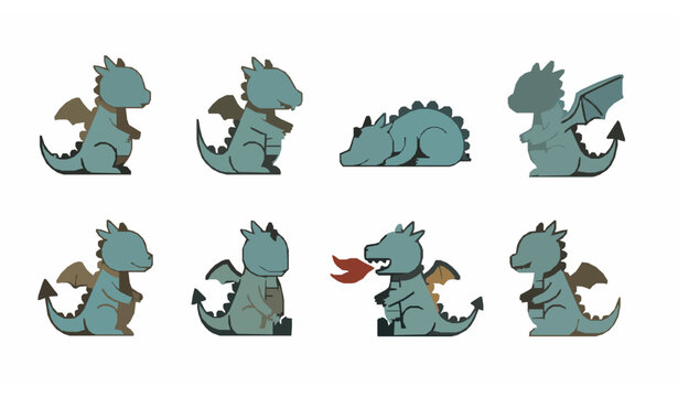 Minimal cute baby dragon vector set with simple flat fantasy characters in different poses for kids design