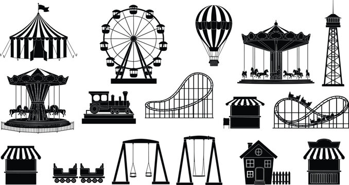 Amusement park icons, ferris wheel, roller coaster, circus tent, carousel rides, observation tower, hot air balloon, train engine, fairground silhouettes