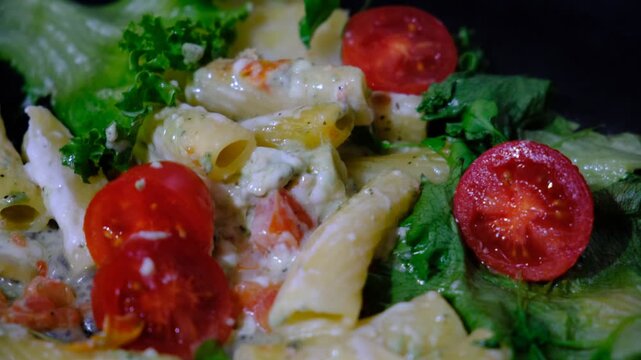 Pasta Tortiglioni with  Bechamel sauce, stewing. Homemade delicious rigatoni with baked tomato, lettuce, arugula and Parmesan Cheese.