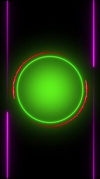 Green neon circle with red sparkle border and pink horizontal lines on animated black background. Circular indicator with decorative elements. Circle animation enhances modern designs.