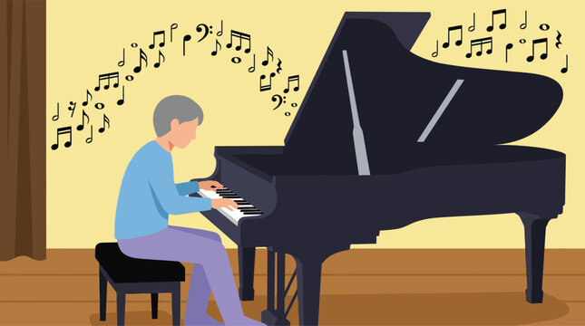 Man playing a grand piano musically.