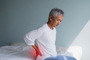Obraz premium Male asian mature adult with lower back pain sitting on bed holding lumbar area showing discomfort and age related back ache in home setting