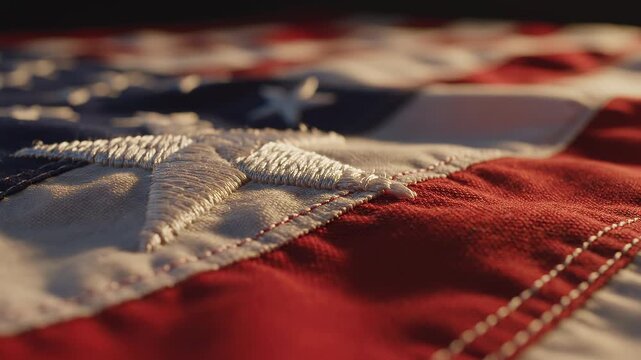 Close up american flag wave across fabric.