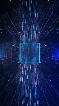 Futuristic Digital Portal Cube Interface Abstract Data Core Light Burst Background, streaming data particles code technology core. AI visuals, software intros, computing futuristic interface 3D 4K