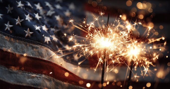 Sparklers ignite against the backdrop of the American flag