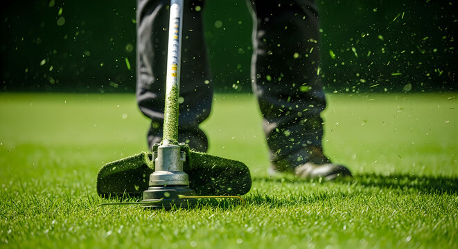 A close up view of a person using a string trimmer to cut grass on a green lawn in the daytime