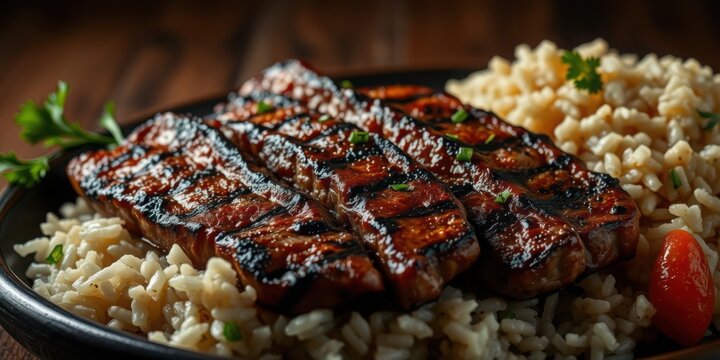 delicious grilled ribs on a plate with rice
