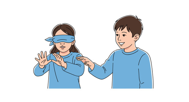 Young girl with a blue blindfold playing a game of tag or hide and seek with a boy who is guiding or chasing her.