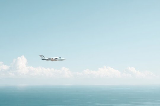 Small private jet flying across minimal blue sky above calm ocean with soft clouds on horizon wide negative space and clean cinematic composition