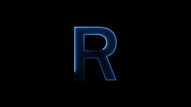 Glowing neon letter 'R' symbol, a shiny light font illustration on a black background English alphabet education type word writing letter text effect smooth footage sign symbol with black background