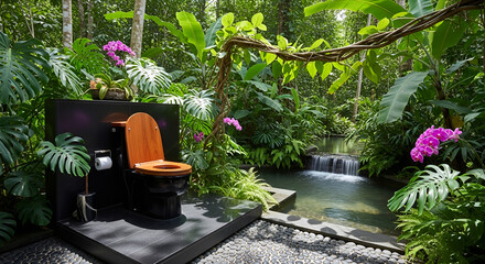 Fototapeta premium Luxurious jungle bathroom with a modern toilet overlooking a serene waterfall and lush tropical flora