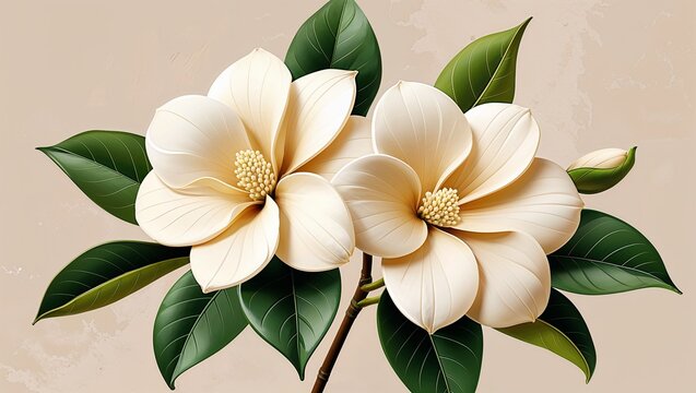 Soft cream gardenia bloom on a beige background in a clean decorative and smooth digital art style simple illustration