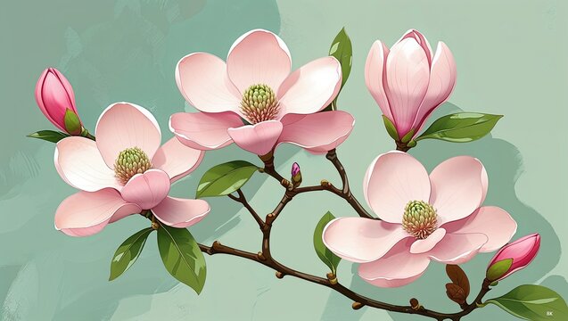 Soft pink magnolia on a mint cream background in a clean decorative and smooth digital art style simple illustration