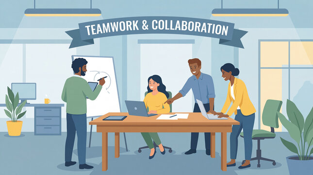 Teamwork and collaboration concept illustration featuring diverse people working in an office setting