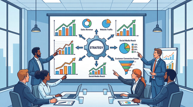Business presentation illustration of people discussing strategy with charts and graphs